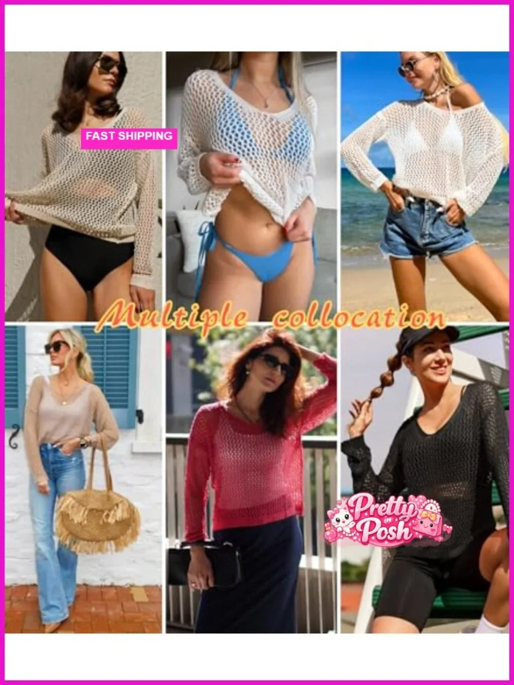 Crochet Long Sleeve Hollow Out Swim Cover Up Beach Bikini Tunic Top